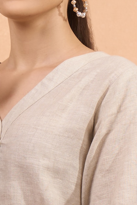 Shop_Naintara Bajaj_Beige Linen Embroidery V-neck Kurta And Pant Set _Online_at_Aza_Fashions