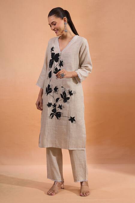 Buy Naintara Bajaj Beige Linen Embroidery, Lace V-neck Kurta And Pant Set Online at Aza Fashions Buy_Naintara Bajaj_Beige Linen Embroidery, Lace V-neck Kurta And Pant Set _Online_at_Aza_Fashions