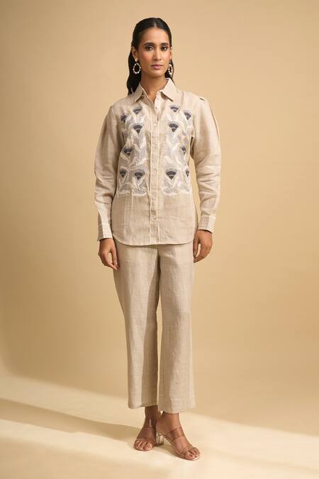 Naintara Bajaj Beige Linen Embroidery Collared, Button-down Neck Kurta And Pant Set Online at Aza Fashions Naintara Bajaj_Beige Linen Embroidery Collared, Button-down Neck Kurta And Pant Set _Online_at_Aza_Fashions
