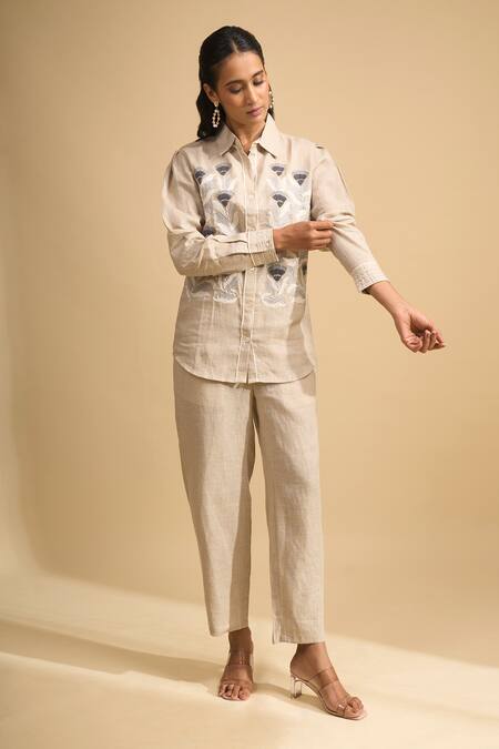 Buy Naintara Bajaj Beige Linen Embroidery Collared, Button-down Neck Kurta And Pant Set Online at Aza Fashions Buy_Naintara Bajaj_Beige Linen Embroidery Collared, Button-down Neck Kurta And Pant Set _Online_at_Aza_Fashions
