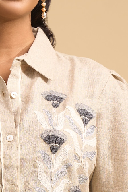 Shop Naintara Bajaj Beige Linen Embroidery Collared, Button-down Neck Kurta And Pant Set Online at Aza Fashions Shop_Naintara Bajaj_Beige Linen Embroidery Collared, Button-down Neck Kurta And Pant Set _Online_at_Aza_Fashions