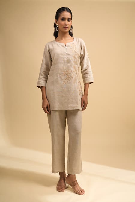 Buy Naintara Bajaj Beige Linen Embroidery, Sequins Split V-neck Kurta And Pant Set Online at Aza Fashions Buy_Naintara Bajaj_Beige Linen Embroidery, Sequins Split V-neck Kurta And Pant Set _Online_at_Aza_Fashions