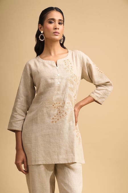 Naintara Bajaj Beige Linen Embroidery, Sequins Split V-neck Kurta And Pant Set at Aza Fashions Naintara Bajaj_Beige Linen Embroidery, Sequins Split V-neck Kurta And Pant Set _at_Aza_Fashions