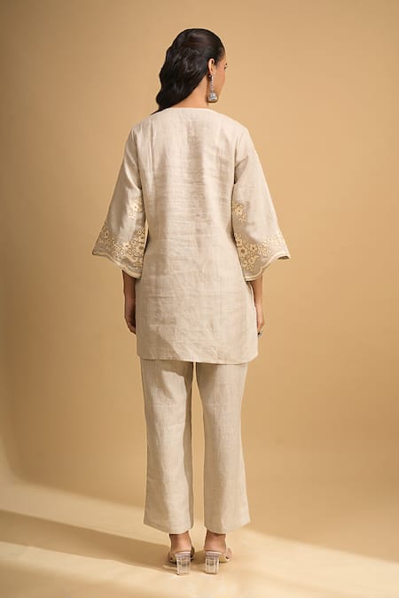 Naintara Bajaj Embroidered Linen Kurta & Pant Set