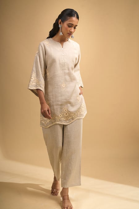 Buy Naintara Bajaj Beige Linen Embroidery Split V-neck Kurta And Pant Set Online at Aza Fashions Buy_Naintara Bajaj_Beige Linen Embroidery Split V-neck Kurta And Pant Set _Online_at_Aza_Fashions