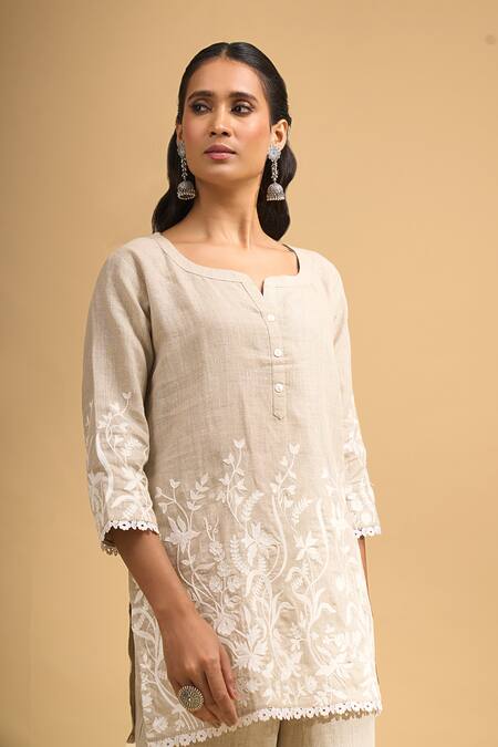 Naintara Bajaj_Beige Linen Embroidery, Lace Split V-neck Kurta And Pant Set _Online_at_Aza_Fashions