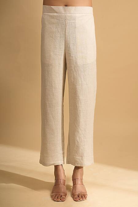 Shop_Naintara Bajaj_Beige Linen Embroidery, Lace Split V-neck Kurta And Pant Set _Online_at_Aza_Fashions