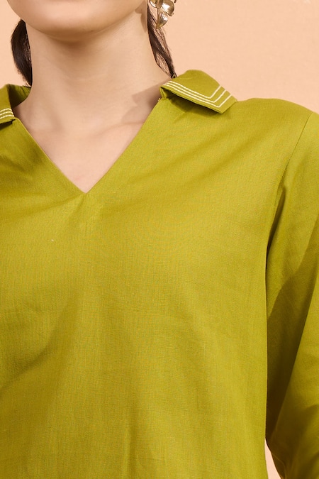 Shop Naintara Bajaj Green Cotton, Linen Embroidery V-neck, Collared Kurta And Pant Set Online at Aza Fashions Shop_Naintara Bajaj_Green Cotton, Linen Embroidery V-neck, Collared Kurta And Pant Set _Online_at_Aza_Fashions