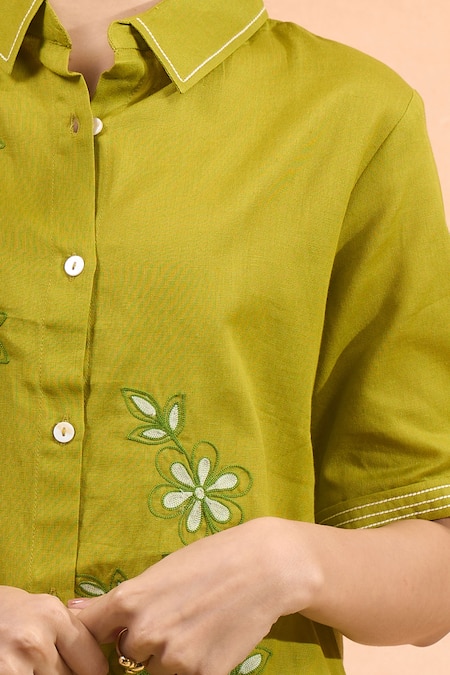 Buy Naintara Bajaj Green Cotton, Linen Embroidery Collared, Button-down Floral Kurta And Pant Set Online at Aza Fashions Buy_Naintara Bajaj_Green Cotton, Linen Embroidery Collared, Button-down Floral Kurta And Pant Set _Online_at_Aza_Fashions