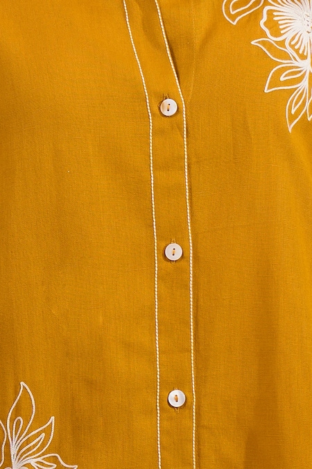 Naintara Bajaj Mustard Cotton, Linen Embroidery Collared, Button-down Neck Kurta And Pant Set Online at Aza Fashions Naintara Bajaj_Mustard Cotton, Linen Embroidery Collared, Button-down Neck Kurta And Pant Set _Online_at_Aza_Fashions
