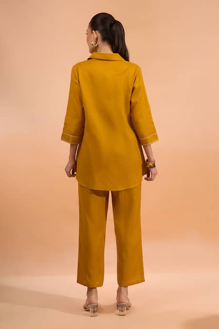 Shop Naintara Bajaj Mustard Cotton, Linen Embroidery Collared, Button-down Neck Kurta And Pant Set at Aza Fashions Shop_Naintara Bajaj_Mustard Cotton, Linen Embroidery Collared, Button-down Neck Kurta And Pant Set _at_Aza_Fashions