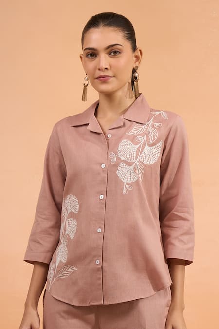 Buy_Naintara Bajaj_Pink Cotton, Linen Embroidery Collared Shirt And Pant Set _Online_at_Aza_Fashions
