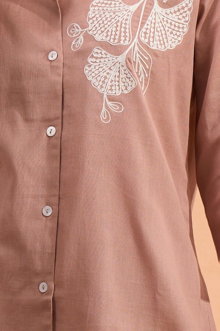 Shop_Naintara Bajaj_Pink Cotton, Linen Embroidery Collared Shirt And Pant Set _Online_at_Aza_Fashions