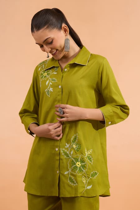 Shop Naintara Bajaj Green Cotton, Linen Embroidery Collared Kurta And Pant Set Online at Aza Fashions Shop_Naintara Bajaj_Green Cotton, Linen Embroidery Collared Kurta And Pant Set _Online_at_Aza_Fashions