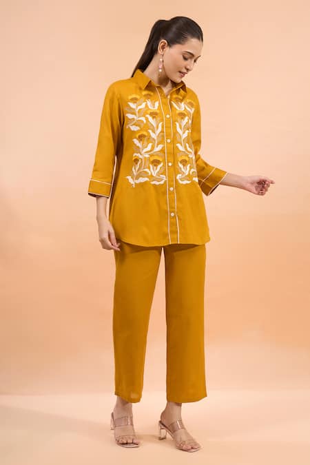 Shop Naintara Bajaj Mustard Cotton, Linen Embroidery Collared, Button-down Neck Kurta And Pant Set Online at Aza Fashions Shop_Naintara Bajaj_Mustard Cotton, Linen Embroidery Collared, Button-down Neck Kurta And Pant Set _Online_at_Aza_Fashions