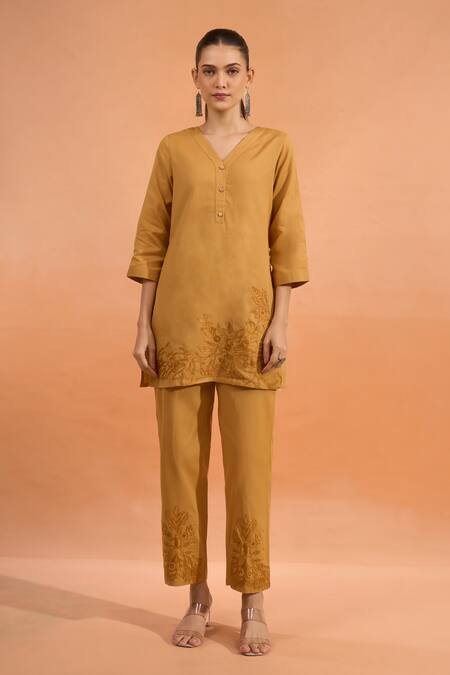 Buy Naintara Bajaj Beige Cotton, Linen Embroidery Split V-neck Kurta And Pant Set Online at Aza Fashions Buy_Naintara Bajaj_Beige Cotton, Linen Embroidery Split V-neck Kurta And Pant Set _Online_at_Aza_Fashions