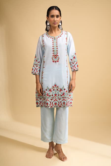 Buy_Naintara Bajaj_Sky Blue Silk Embroidery Round Neck Kurta And Pant Set _Online_at_Aza_Fashions