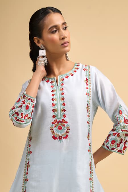 Shop_Naintara Bajaj_Sky Blue Silk Embroidery Round Neck Kurta And Pant Set _Online_at_Aza_Fashions