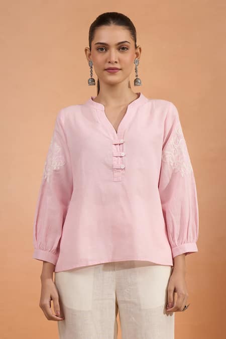 Shop_Naintara Bajaj_Pink Embroidery Split V-neck Kurta With Puff Sleeves _Online_at_Aza_Fashions