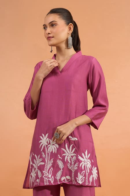 Shop_Naintara Bajaj_Pink Silk Embroidery V-neck Palm Tree Kurta And Pant Set _Online_at_Aza_Fashions
