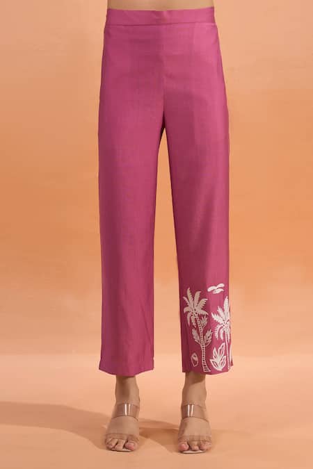 Naintara Bajaj_Pink Silk Embroidery V-neck Palm Tree Kurta And Pant Set _at_Aza_Fashions
