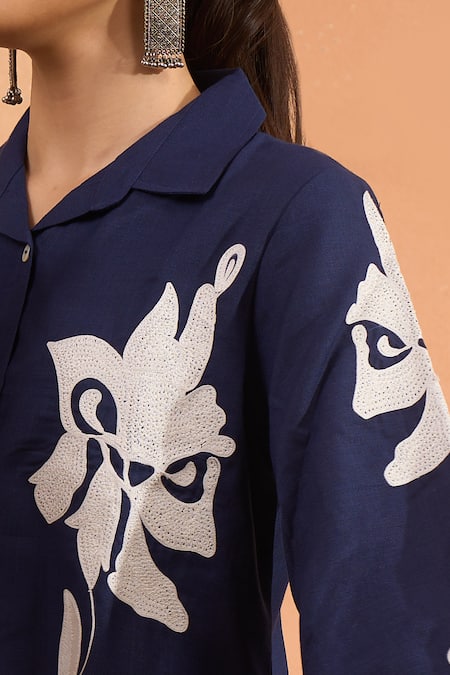 Naintara Bajaj_Navy Embroidery Collared Floral Shirt _Online_at_Aza_Fashions
