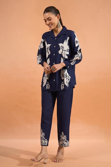Buy_Naintara Bajaj_Navy Embroidery Collared Floral Shirt _Online_at_Aza_Fashions