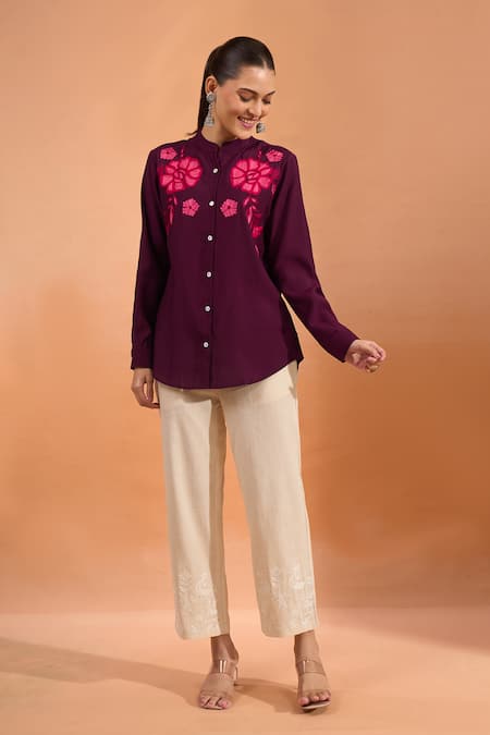 Buy_Naintara Bajaj_Wine Embroidery Mandarin Collar Floral Full Sleeve Kurta _Online_at_Aza_Fashions