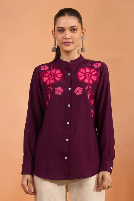 Shop_Naintara Bajaj_Wine Embroidery Mandarin Collar Floral Full Sleeve Kurta _Online_at_Aza_Fashions