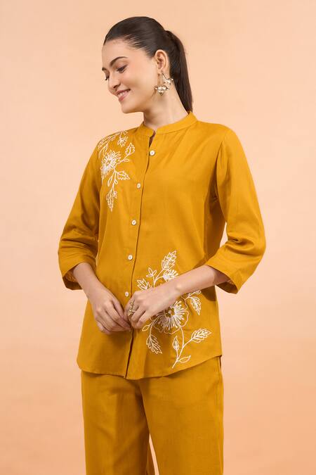 Shop_Naintara Bajaj_Mustard Cotton, Linen Embroidery Mandarin Collar Kurta And Pant Set _Online_at_Aza_Fashions