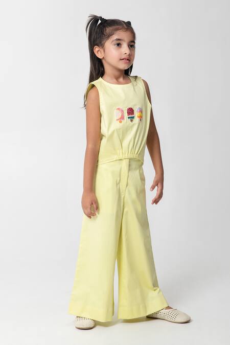 Partykles Yellow Cotton Satin Embroidery Popsicle Top And Pant Set Online at Aza Fashions Partykles_Yellow Cotton Satin Embroidery Popsicle Top And Pant Set _Online_at_Aza_Fashions
