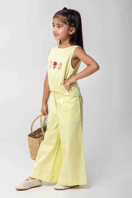 Shop Partykles Yellow Cotton Satin Embroidery Popsicle Top And Pant Set Online at Aza Fashions Shop_Partykles_Yellow Cotton Satin Embroidery Popsicle Top And Pant Set _Online_at_Aza_Fashions