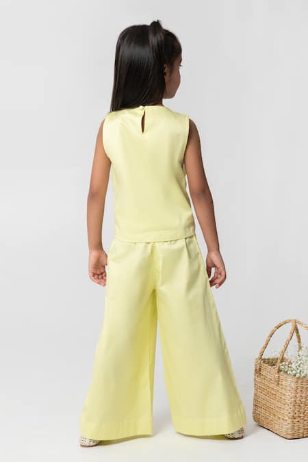 Shop Partykles Yellow Cotton Satin Embroidery Popsicle Top And Pant Set at Aza Fashions Shop_Partykles_Yellow Cotton Satin Embroidery Popsicle Top And Pant Set _at_Aza_Fashions