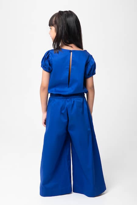 Shop Partykles Blue Cotton Satin Beads, Embroidery Cherry Top And Pant Set at Aza Fashions Shop_Partykles_Blue Cotton Satin Beads, Embroidery Cherry Top And Pant Set _at_Aza_Fashions