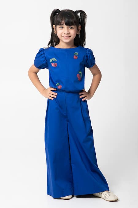 Partykles Blue Cotton Satin Beads, Embroidery Cherry Top And Pant Set 