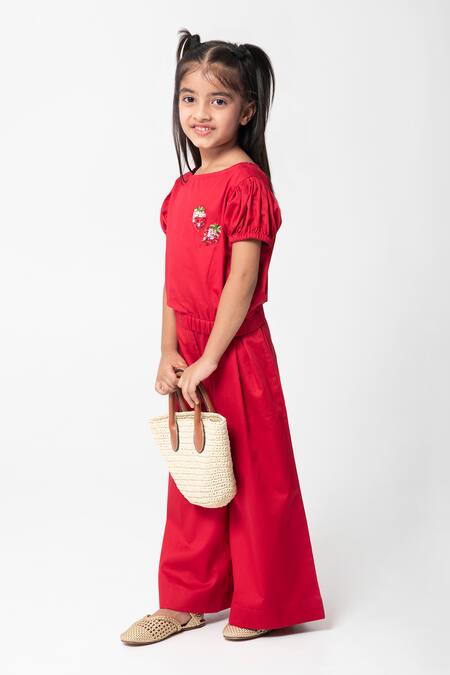 Partykles Red Cotton Satin Beads, Crystals, Embroidery Puff Sleeve Top And Pant Set Online at Aza Fashions Partykles_Red Cotton Satin Beads, Crystals, Embroidery Puff Sleeve Top And Pant Set _Online_at_Aza_Fashions