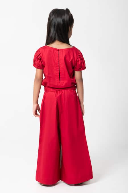 Shop Partykles Red Cotton Satin Beads, Crystals, Embroidery Puff Sleeve Top And Pant Set at Aza Fashions Shop_Partykles_Red Cotton Satin Beads, Crystals, Embroidery Puff Sleeve Top And Pant Set _at_Aza_Fashions