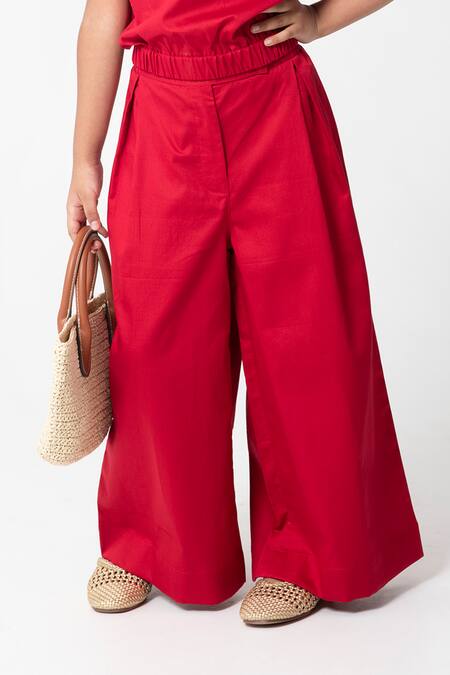 Shop Partykles Red Cotton Satin Beads, Crystals, Embroidery Puff Sleeve Top And Pant Set Online at Aza Fashions Shop_Partykles_Red Cotton Satin Beads, Crystals, Embroidery Puff Sleeve Top And Pant Set _Online_at_Aza_Fashions