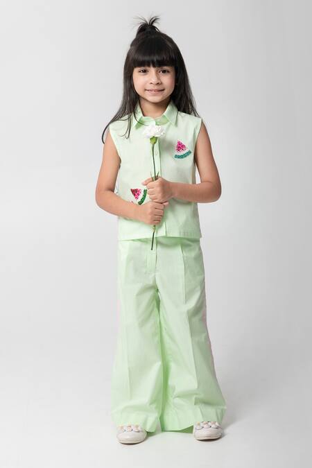 Buy Partykles Mint Cotton Embroidery, Beads Watermelon Top And Pant Set Online at Aza Fashions Buy_Partykles_Mint Cotton Embroidery, Beads Watermelon Top And Pant Set _Online_at_Aza_Fashions