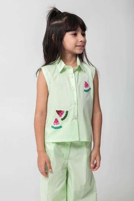Partykles Mint Cotton Embroidery, Beads Watermelon Top And Pant Set at Aza Fashions Partykles_Mint Cotton Embroidery, Beads Watermelon Top And Pant Set _at_Aza_Fashions