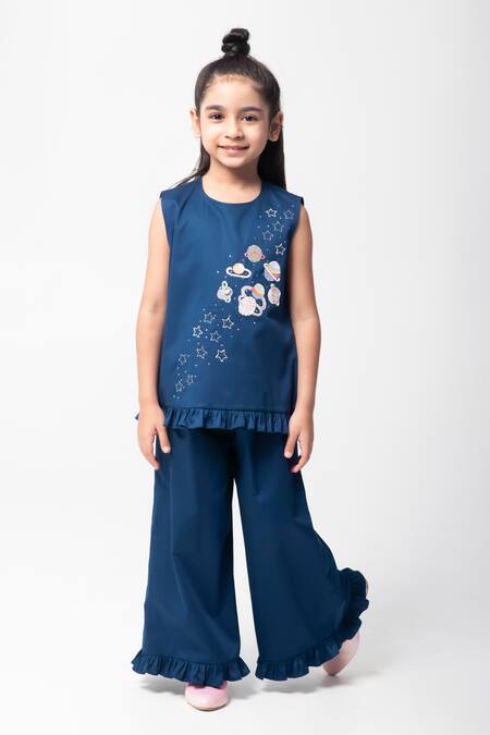 Partykles_Navy Cotton Satin Embroidery, Beads Planet Top And Pant Set _Online_at_Aza_Fashions