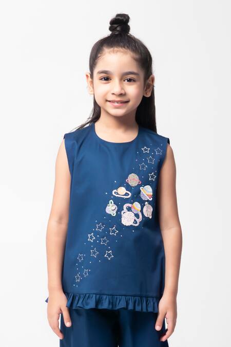 Partykles_Navy Cotton Satin Embroidery, Beads Planet Top And Pant Set _at_Aza_Fashions