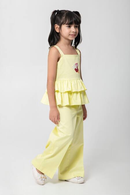 Partykles_Yellow Cotton Satin Embroidery, Beads Ice Cream Top And Pant Set _Online_at_Aza_Fashions