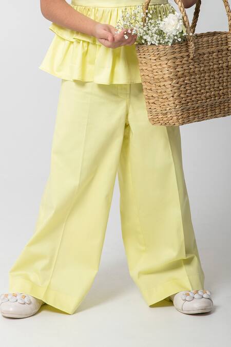 Shop_Partykles_Yellow Cotton Satin Embroidery, Beads Ice Cream Top And Pant Set _Online_at_Aza_Fashions