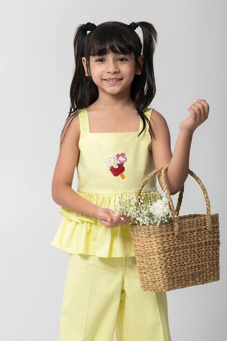Partykles_Yellow Cotton Satin Embroidery, Beads Ice Cream Top And Pant Set _at_Aza_Fashions