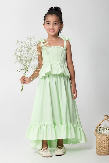 Shop_Partykles_Mint Cotton Smocked Top With Skirt _Online_at_Aza_Fashions