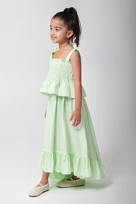 Partykles_Mint Cotton Smocked Top With Skirt _at_Aza_Fashions