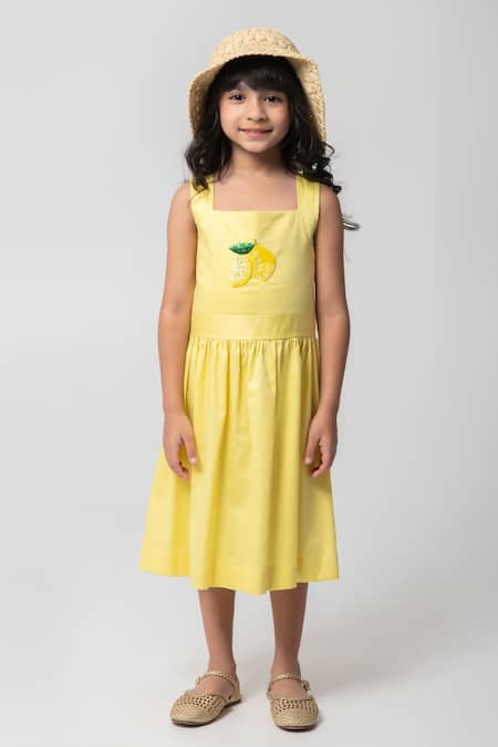 Partykles Yellow Cotton Beads, Crystals Fresh Lemon Embroidered Frock Online at Aza Fashions Partykles_Yellow Cotton Beads, Crystals Fresh Lemon Embroidered Frock _Online_at_Aza_Fashions