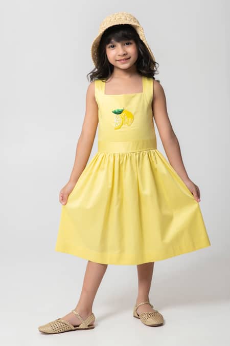 Partykles Yellow Cotton Beads, Crystals Fresh Lemon Embroidered Frock 