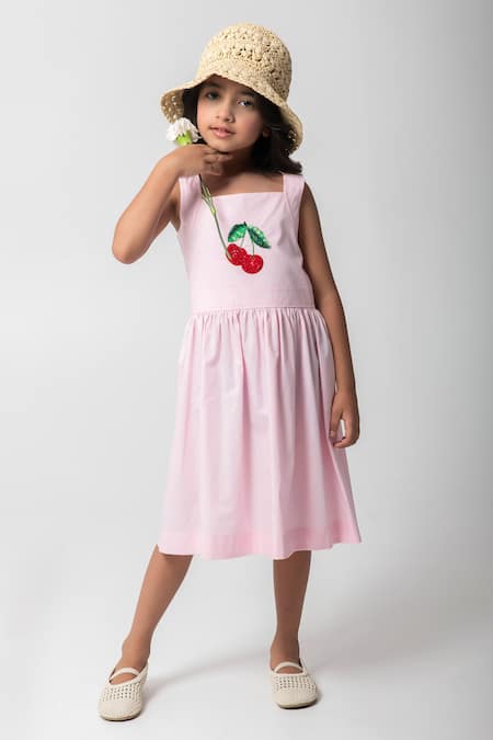 Partykles Pink Cotton Beads, Crystals Chreey Embroidered Frock 